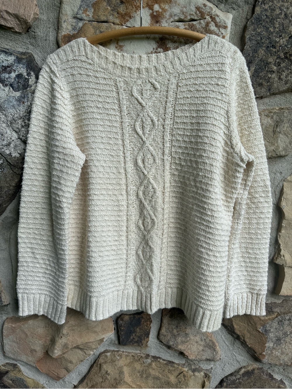 Jones New York Cream Cable-Front Crewneck Sweater XL Cotton Cottagecore Coastal